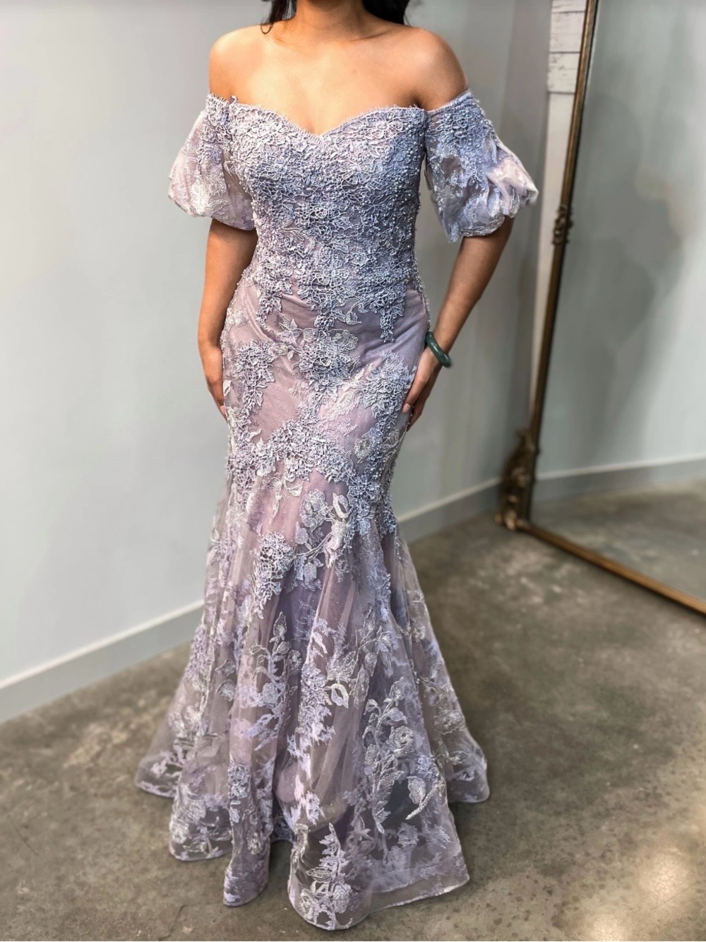 Cinderella Lilac Lace Mermaid Prom Dress with Puff Sleeves